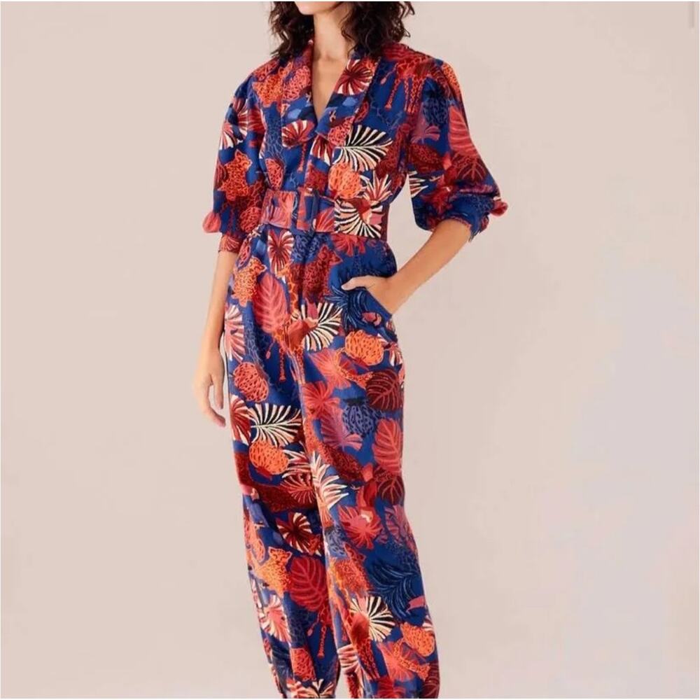 Farm Rio Navy Red Animals Tapestry Canvas Belted Jumpsuit Size Medium - Picture 2 of 16